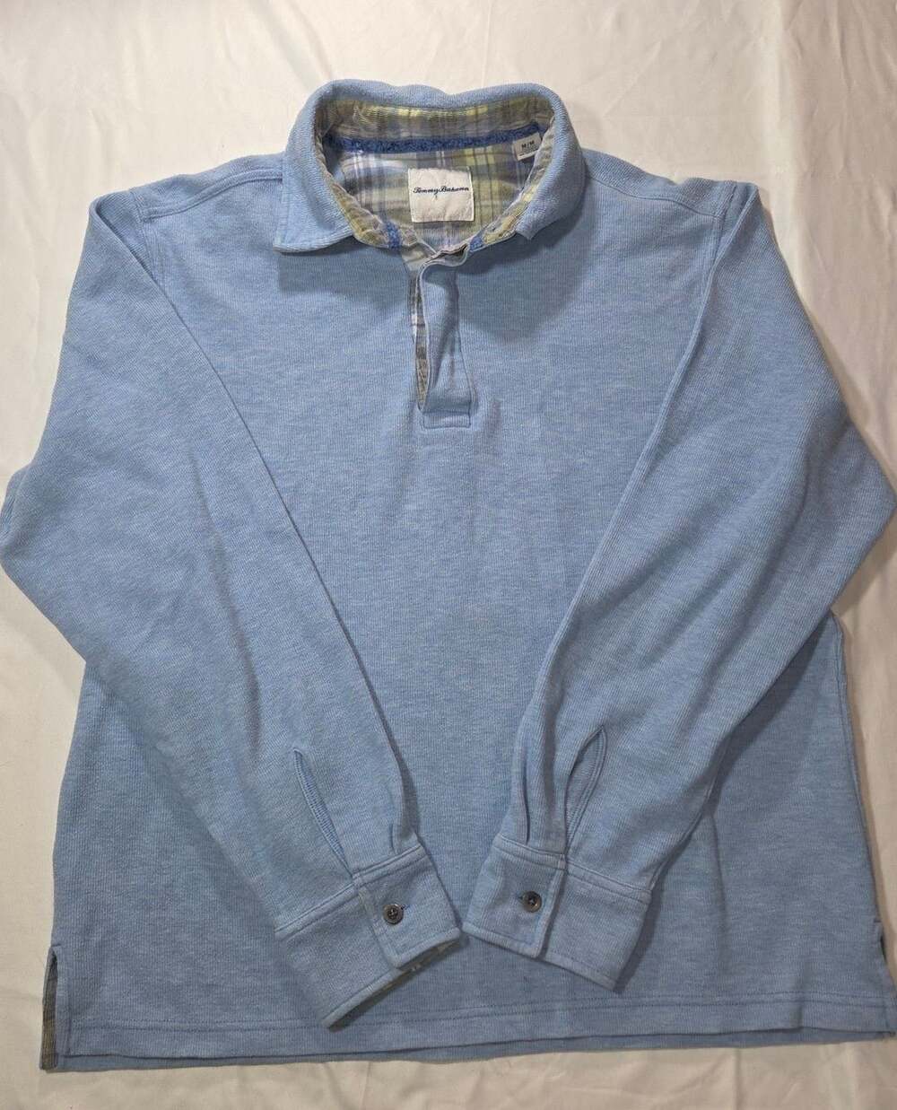 Tommy Bahama Long Sleeve Polo Sweater Size M Blue Plaid Collar